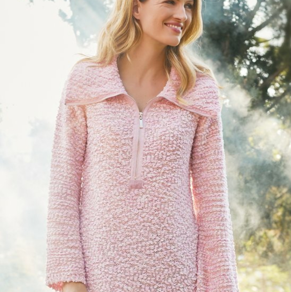 Soft Surroundings Pink Bouclé Half-Zip Scoop Sweater